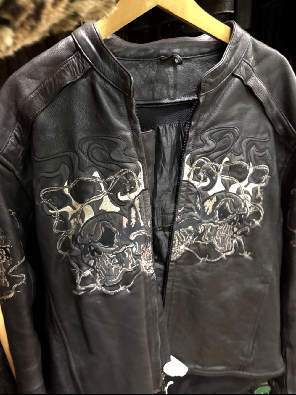 Black Leather Jacket with Embroidered Skull Motif